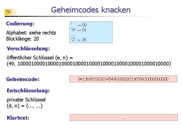 50 Geheimcodes knacken Codierung: Alphabet: siehe rechts Blocklänge: 20 ' ' → 00 'A'