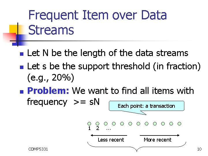 Frequent Item over Data Streams n n n Let N be the length of