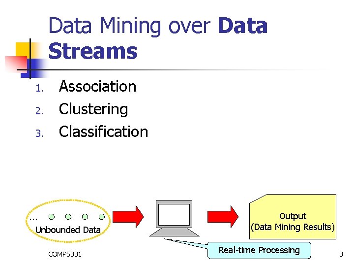 Data Mining over Data Streams 1. 2. 3. Association Clustering Classification … Unbounded Data