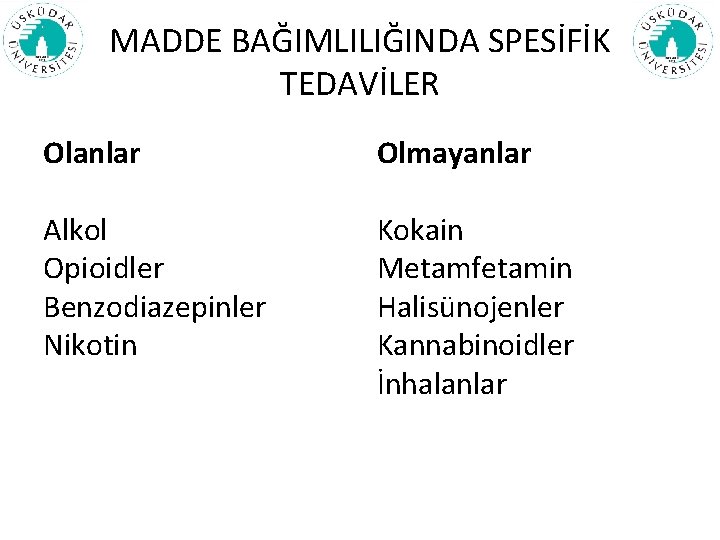 MADDE BAĞIMLILIĞINDA SPESİFİK TEDAVİLER Olanlar Olmayanlar Alkol Opioidler Benzodiazepinler Nikotin Kokain Metamfetamin Halisünojenler Kannabinoidler