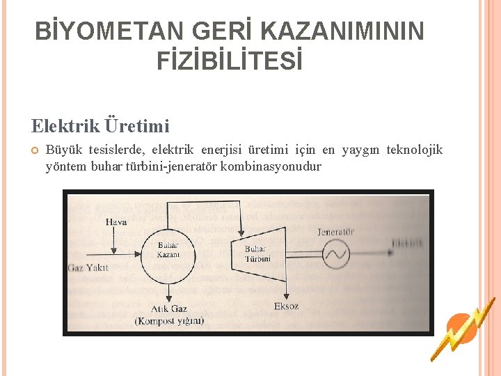 BİYOMETAN GERİ KAZANIMININ FİZİBİLİTESİ Elektrik Üretimi Büyük tesislerde, elektrik enerjisi üretimi için en yaygın