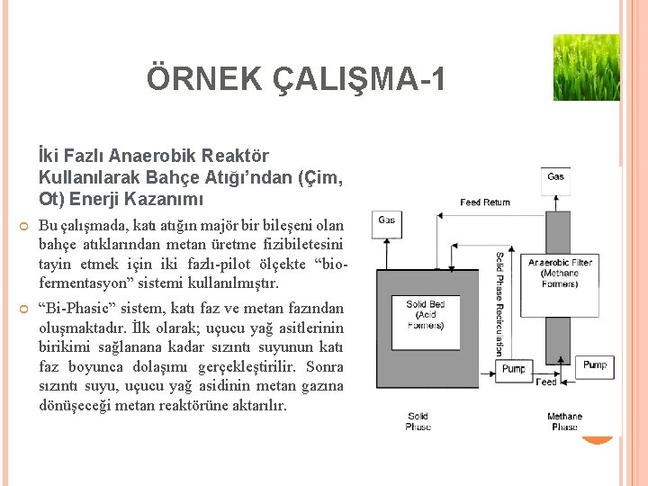 ÖRNEK ÇALIŞMA-1 İki Fazlı Anaerobik Reaktör Kullanılarak Bahçe Atığı’ndan (Çim, Ot) Enerji Kazanımı Bu