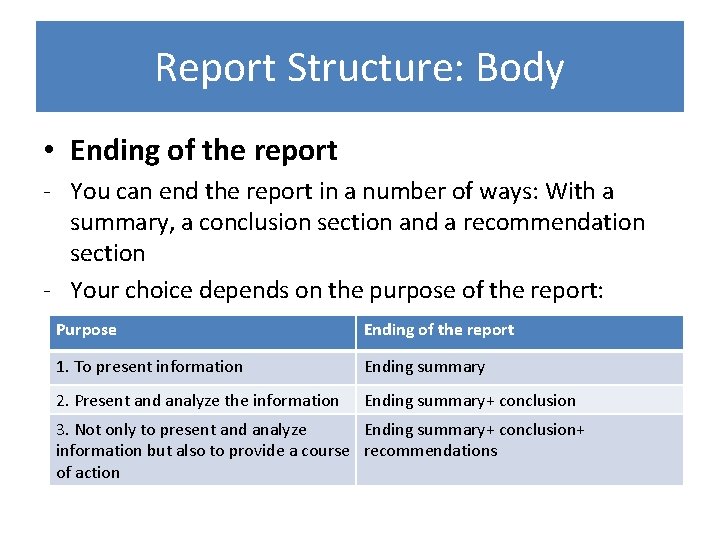 Report Structure: Body • Ending of the report - You can end the report
