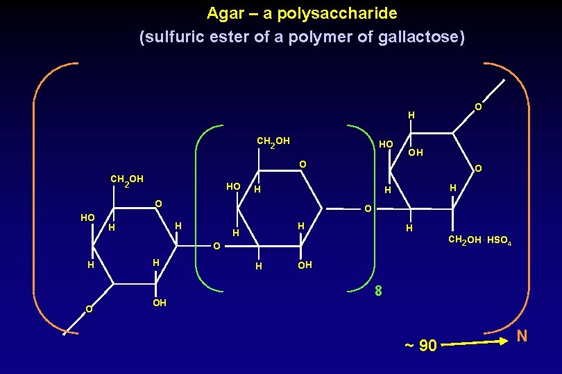 Agar – a polysaccharide (sulfuric ester of a polymer of gallactose) O H CH