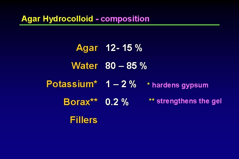 Agar Hydrocolloid - composition Agar 12 - 15 % Water 80 – 85 %