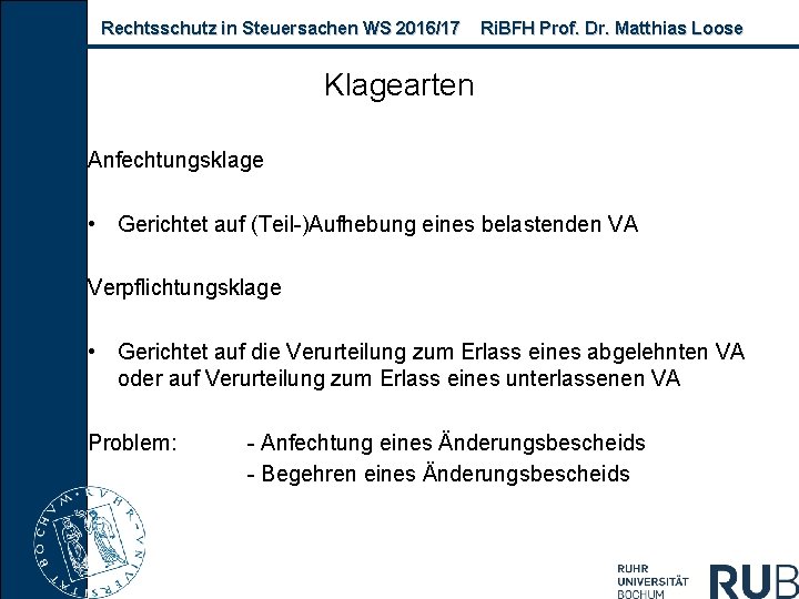 Rechtsschutz in Steuersachen WS 2016/17 Ri. BFH Prof. Dr. Matthias Loose Klagearten Anfechtungsklage •