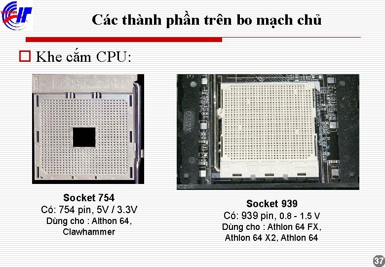 Các thành phần trên bo mạch chủ o Khe cắm CPU: Socket 754 Có: