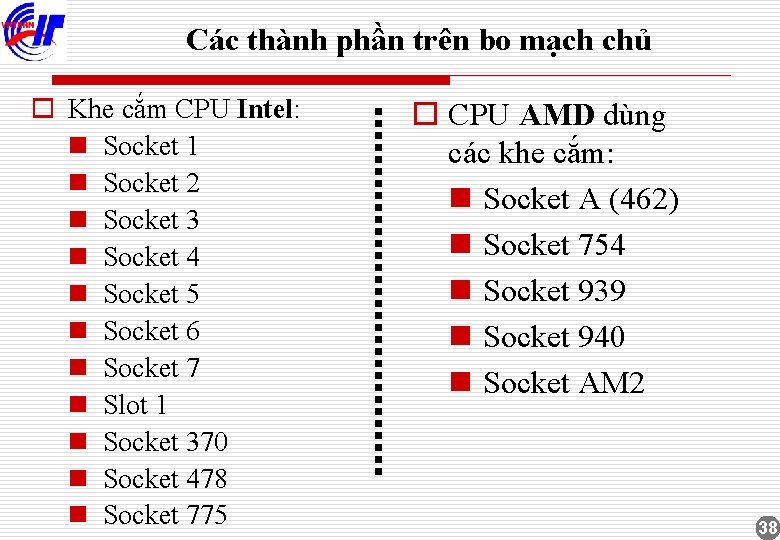 Các thành phần trên bo mạch chủ o Khe cắm CPU Intel: n Socket