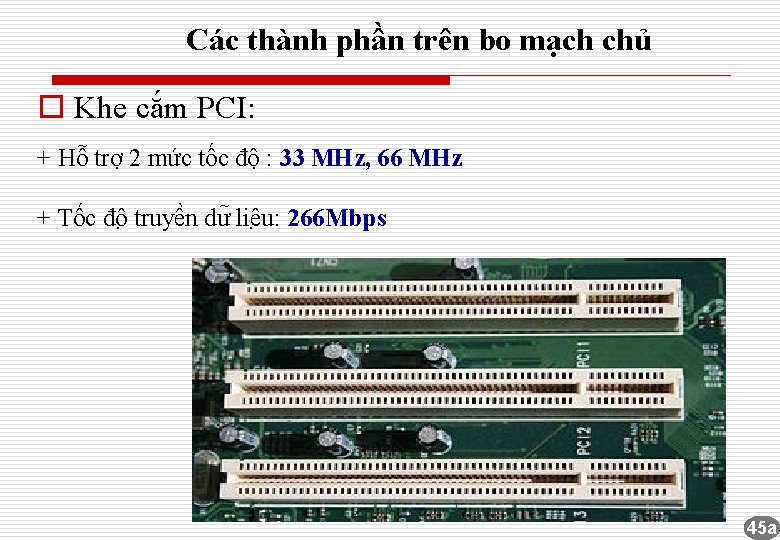 Các thành phần trên bo mạch chủ o Khe cắm PCI: + Hỗ trợ