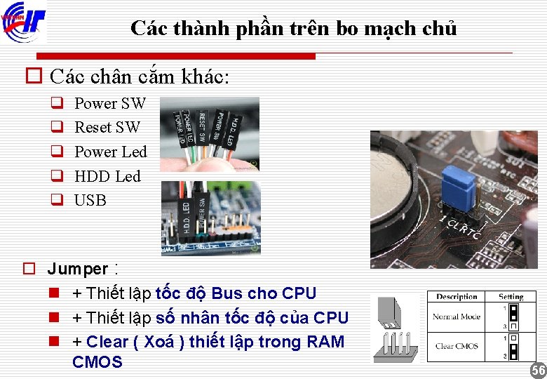 Các thành phần trên bo mạch chủ o Các chân cắm khác: q q