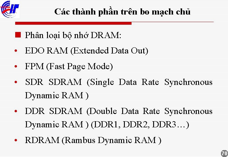 Các thành phần trên bo mạch chủ n Phân loại bộ nhớ DRAM: •