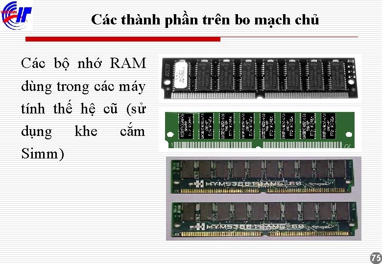 Các thành phần trên bo mạch chủ Các bộ nhớ RAM dùng trong các