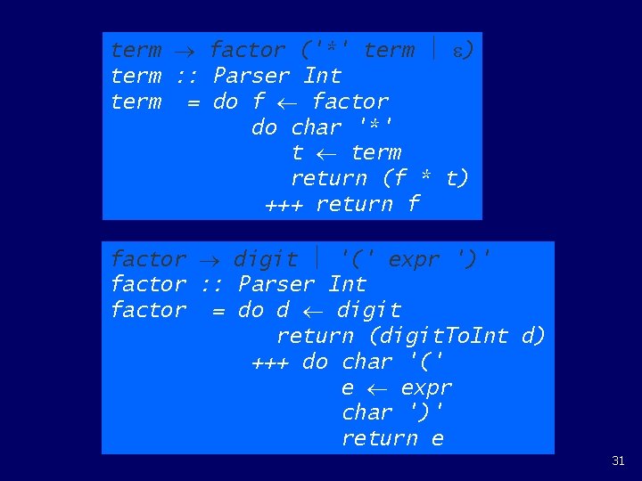 term factor ('*' term ) term : : Parser Int term = do f