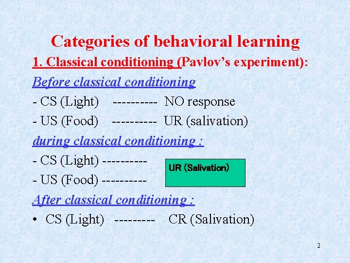 Categories of behavioral learning 1. Classical conditioning (Pavlov’s experiment): Before classical conditioning - CS