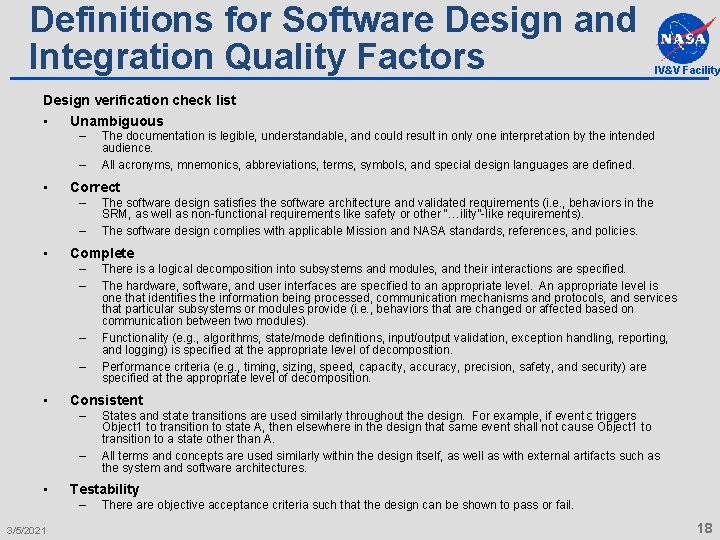 Definitions for Software Design and Integration Quality Factors IV&V Facility Design verification check list