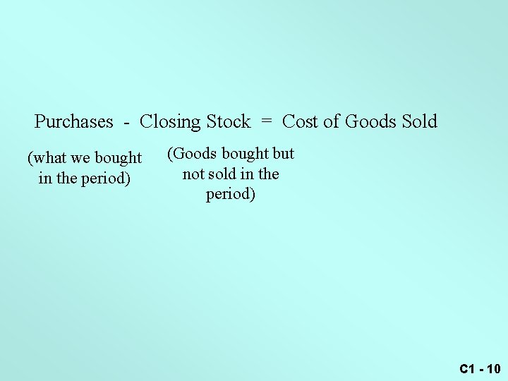 Purchases - Closing Stock = Cost of Goods Sold (what we bought in the