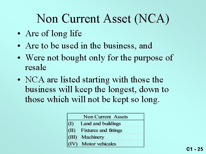 Non Current Asset (NCA) • Are of long life • Are to be used