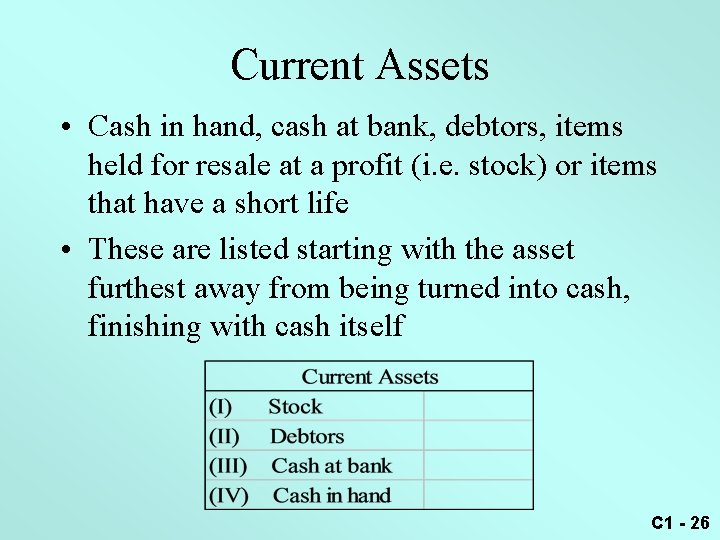 Current Assets • Cash in hand, cash at bank, debtors, items held for resale