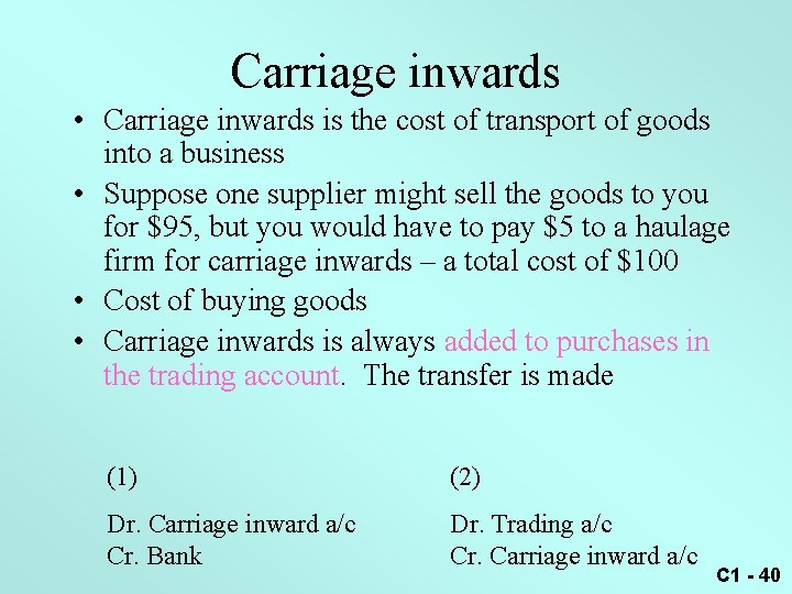 Carriage inwards • Carriage inwards is the cost of transport of goods into a