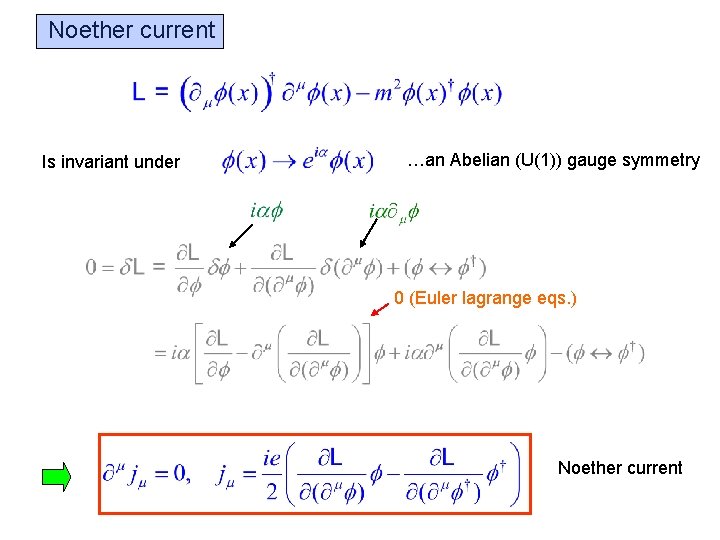 Noether current Is invariant under …an Abelian (U(1)) gauge symmetry 0 (Euler lagrange eqs.