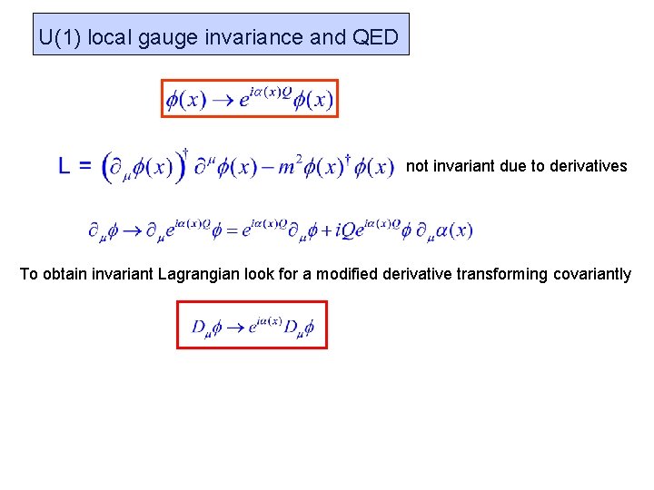 U(1) local gauge invariance and QED not invariant due to derivatives To obtain invariant