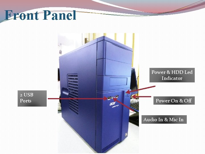 Front Panel Power & HDD Led Indicator 2 USB Ports Power On & Off