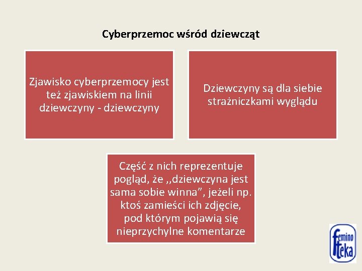 Cyberprzemoc wśród dziewcząt Zjawisko cyberprzemocy jest też zjawiskiem na linii dziewczyny - dziewczyny Dziewczyny