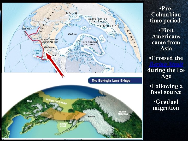  • Pre. Columbian time period. • First Americans came from Asia • Crossed