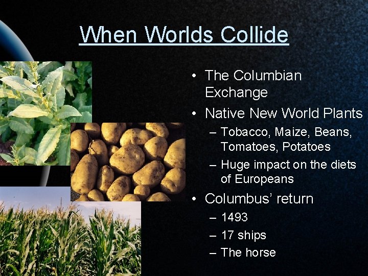 When Worlds Collide • The Columbian Exchange • Native New World Plants – Tobacco,