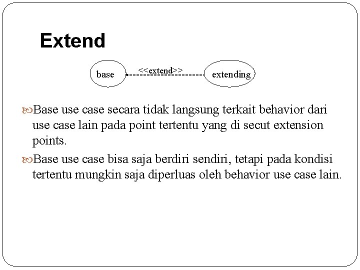 Extend base <<extend>> extending Base use case secara tidak langsung terkait behavior dari use