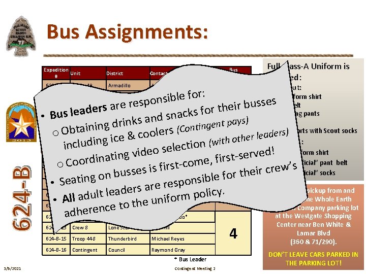 Bus Assignments: Expedition Unit # District Bus Number Contact 624 -B-02 Troop 49 Armadillo