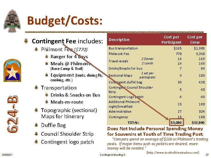 Budget/Costs: Contingent Fee includes: Philmont Fee ($770) Bus transportation Philmont Fee Ranger for 4