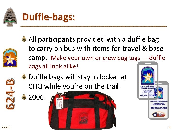 Duffle-bags: All participants provided with a duffle bag to carry on bus with items