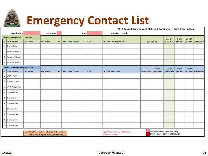Emergency Contact List Is an Excel spreadsheet On Crew Info page of website Fill