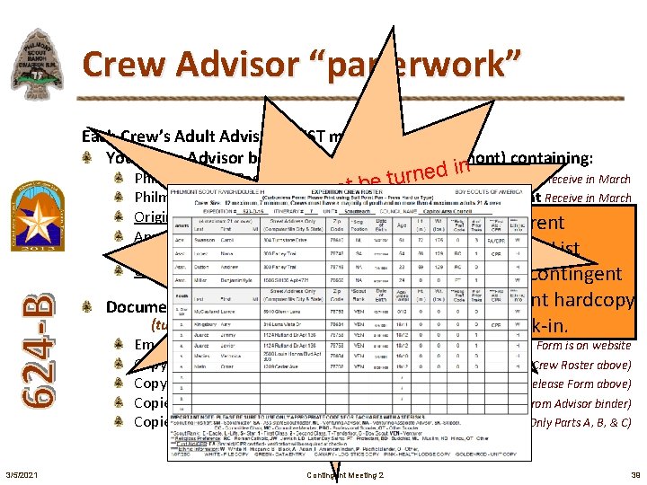 Crew Advisor “paperwork” Each Crew’s Adult Advisor MUST maintain: Your Crew Advisor binder (take