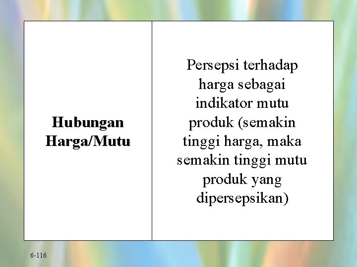 Hubungan Harga/Mutu 6 -116 Persepsi terhadap harga sebagai indikator mutu produk (semakin tinggi harga,