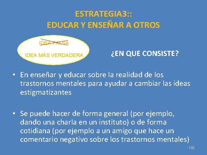 ESTRATEGIA 3: : EDUCAR Y ENSEÑAR A OTROS IDEA FALSA IDEA MÁS VERDADERA ¿EN