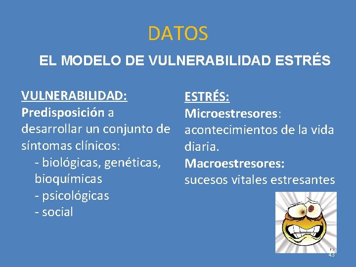 DATOS EL MODELO DE VULNERABILIDAD ESTRÉS VULNERABILIDAD: Predisposición a desarrollar un conjunto de síntomas