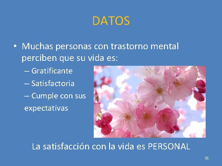 DATOS • Muchas personas con trastorno mental perciben que su vida es: – Gratificante