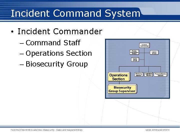 Incident Command System • Incident Commander – Command Staff – Operations Section – Biosecurity
