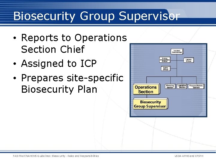 Biosecurity Group Supervisor • Reports to Operations Section Chief • Assigned to ICP •