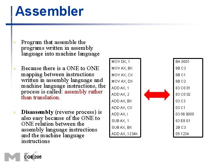 Assembler n n n Program that assemble the programs written in assembly language into