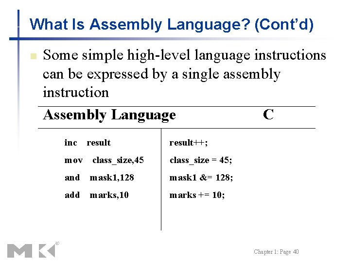 What Is Assembly Language? (Cont’d) n Some simple high-level language instructions can be expressed