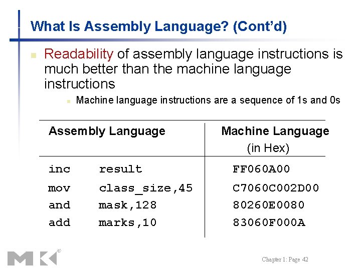 What Is Assembly Language? (Cont’d) n Readability of assembly language instructions is much better