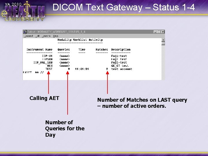 DICOM Text Gateway – Status 1 -4 Calling AET Number of Queries for the