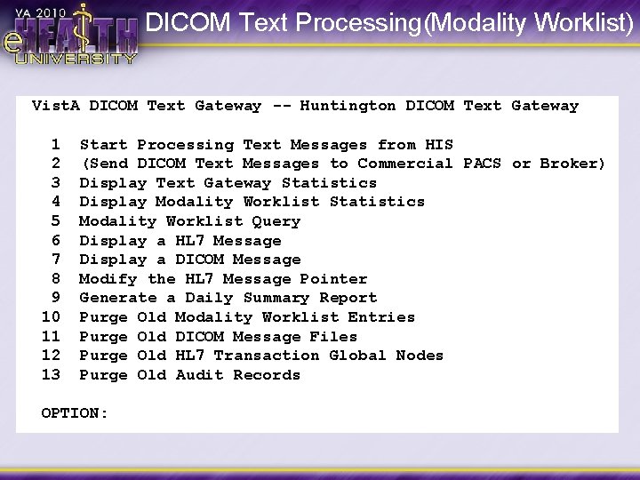 DICOM Text Processing(Modality Worklist) Vist. A DICOM Text Gateway -- Huntington DICOM Text Gateway