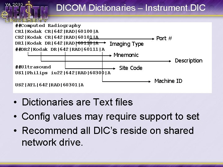 DICOM Dictionaries – Instrument. DIC ##Computed Radiography CR 1|Kodak CR|642|RAD|60100|A CR 2|Kodak CR|642|RAD|60101|A DR