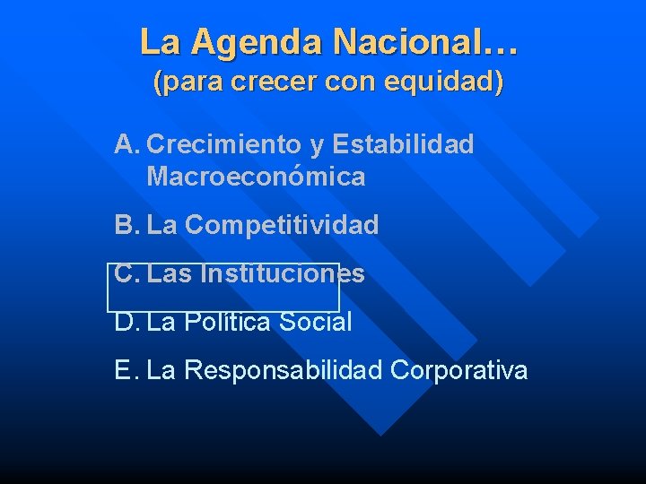 La Agenda Nacional… (para crecer con equidad) A. Crecimiento y Estabilidad Macroeconómica B. La