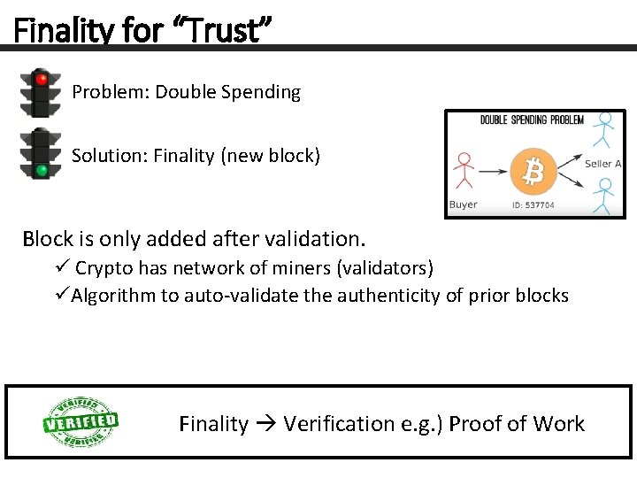 Finality for “Trust” Problem: Double Spending Solution: Finality (new block) Block is only added