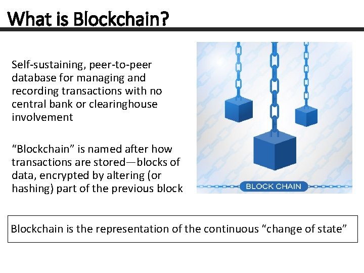 What is Blockchain? Self-sustaining, peer-to-peer database for managing and recording transactions with no central